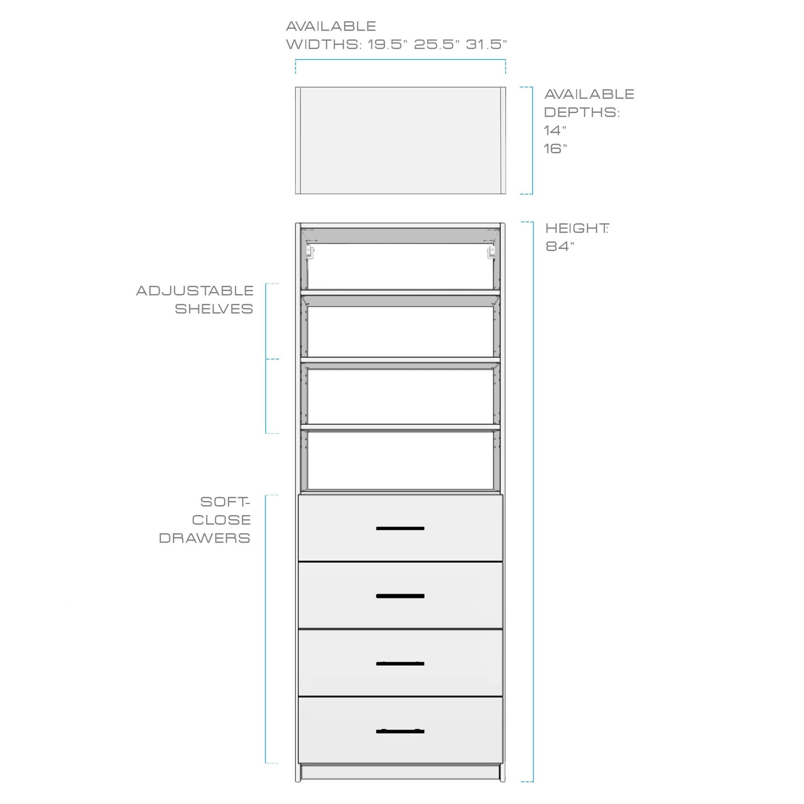 White Melamine 3 Adjustable Shelves 4 Drawer Closet System 84"