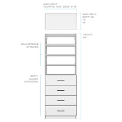 White Melamine 3 Adjustable Shelves 4 Drawer Closet System 84"